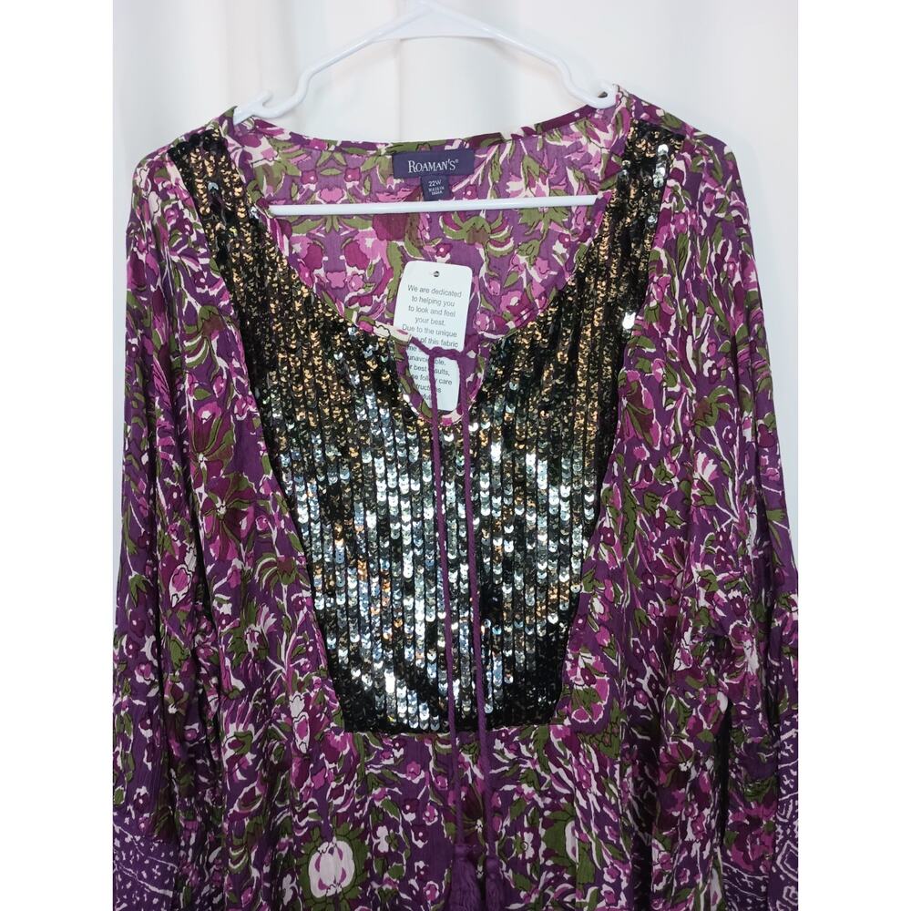 Roamans Womens Bohemian Floral Tunic Top 22W Sequin Flowy Gypsy Island NWT - Picture 3 of 10